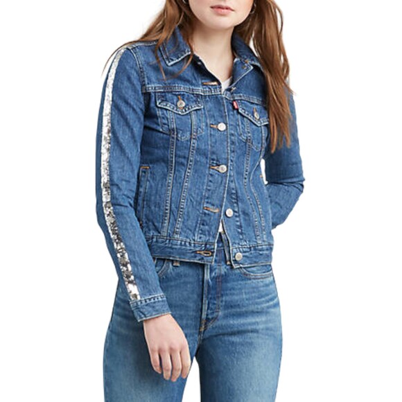 Levi's Original Trucker Silver Sequin Lola Blue Denim Jacket Size Medium - Picture 2 of 8